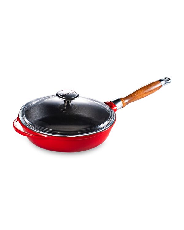 Сковорода с крышкой 24 см, 2 л, с деревянной ручкой, чугун, красная, Lava - фото 1