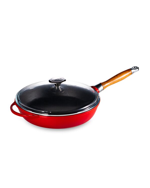 Сковорода с крышкой 28 см, 2,8 л, с деревянной ручкой, чугун, красная, Lava