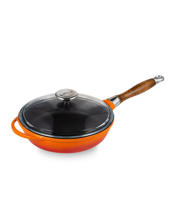 Сковорода с крышкой 28 см, 2,8 л, с деревянной ручкой, чугун, оранжевая, Lava - фото 1