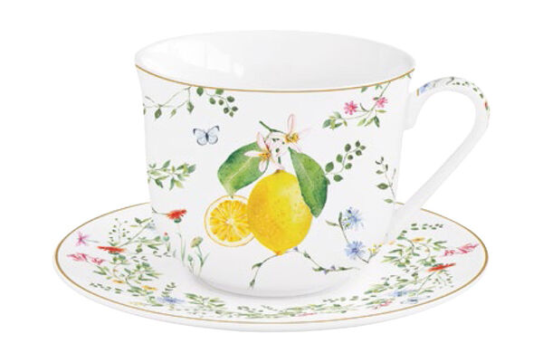 Чашка с блюдцем Цветы и лимоны,370мл