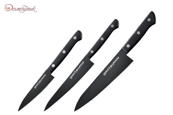 Набор из 3 ножей "Samura SHADOW" с покрытием Black-coating (11,23, 85), AUS-8, ABS пластик - фото 1