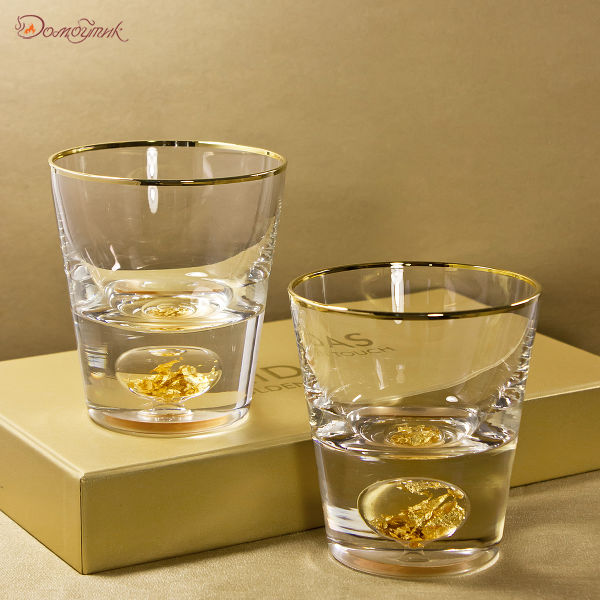 Набор из 2-х бокалов с сусальным золотом для виски + камни стеатит для охлаждения - фото 1