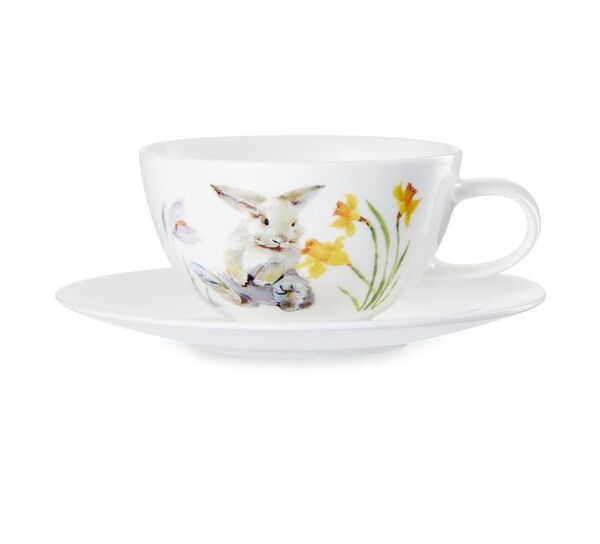 Чашка чайная с блюдцем Mix&Match Синергия Пасхальный кролик 250 мл, белый декор, фарфор костяной - фото 1